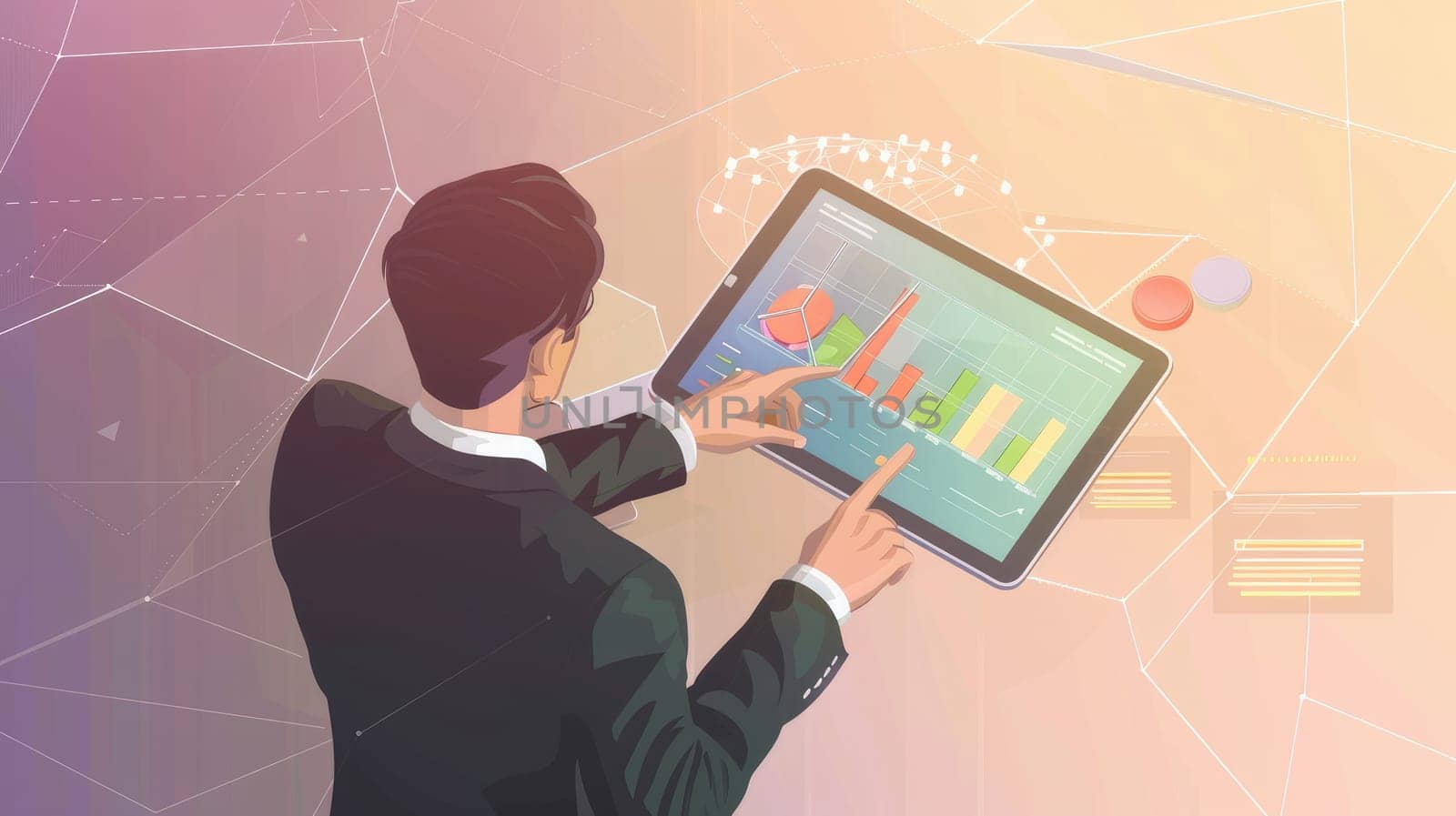 The Future of Finance: Businessman Analyzing Financial Graphs on Digital Tablet - Isometric Illustration in Vibrant Colors with Copy Space for Decoration..