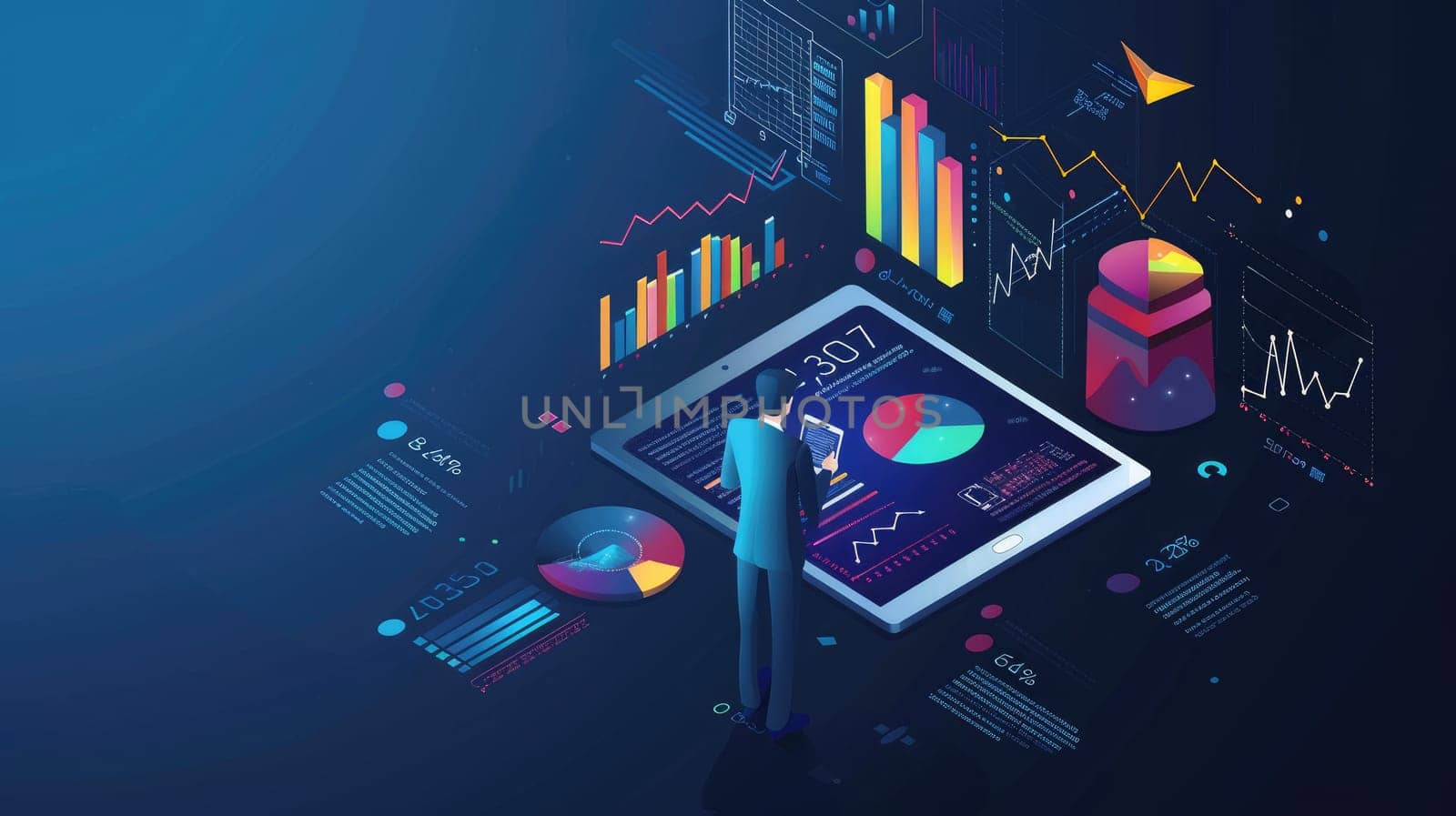 Modern Business Growth Concept - Businessman Analyzing Financial Graphs on Digital Tablet Isometric Illustration with Copy Space for Text Decoration..