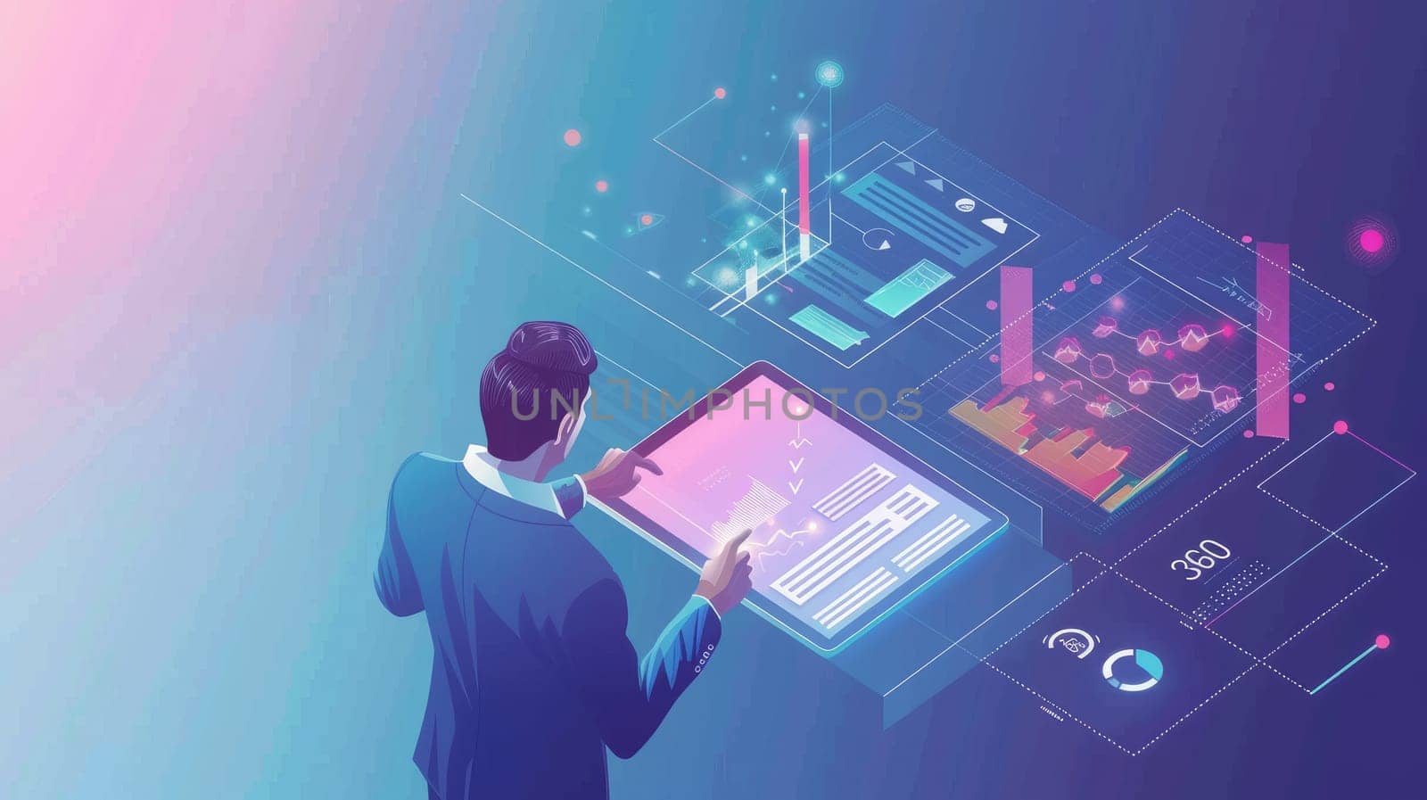 Modern Businessman Analyzing Financial Graphs on Digital Tablet - Business Growth and Investment Success Isometric Illustration..