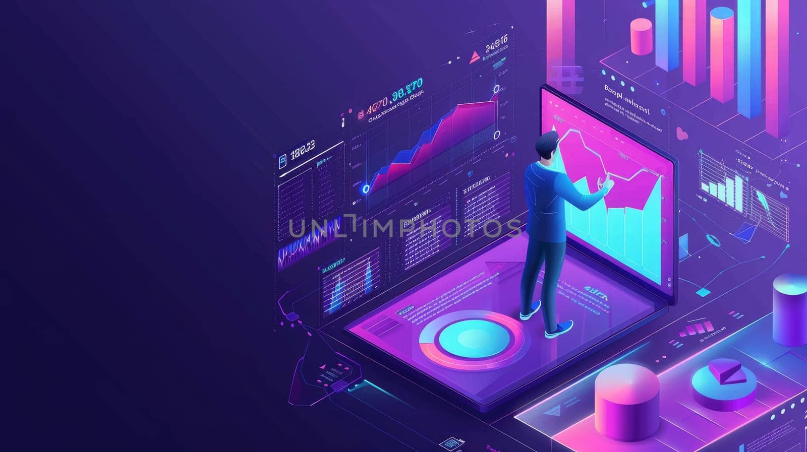 Futuristic Business Success Concept - Businessman Analyzing Financial Growth Graphs on Digital Tablet Surrounded by Holographic Charts and Investment Data with Copy Space for Decoration..