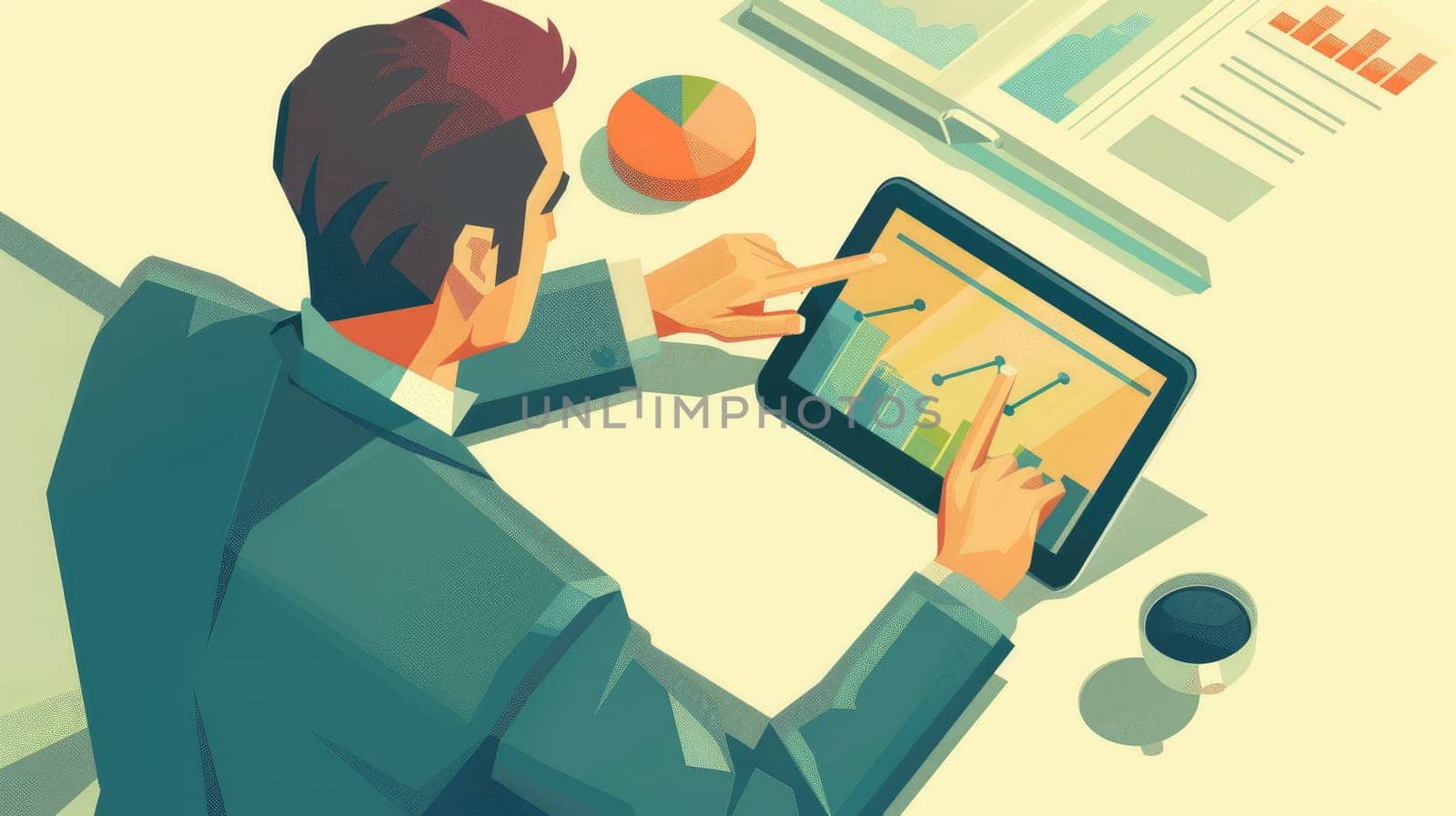 Modern Business Technology - Businessman Analyzing Financial Graphs on Digital Tablet for Investment Success Isometric Illustration with Copy Space..