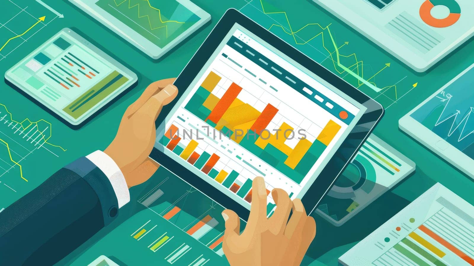 Modern Business Growth and Investment Success - Isometric Illustration of Businessman Analyzing Financial Graphs on Digital Tablet with Copy Space for Decoration..