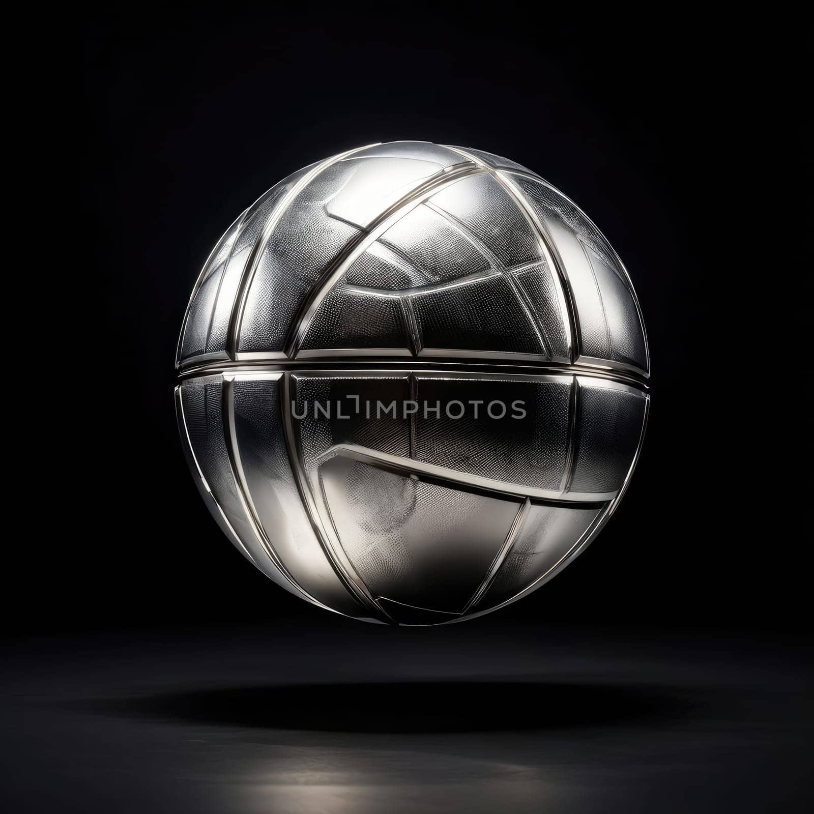 Image Hyper realistic isolated 3D levitating basketball in shiny chrome , black background , high detail, hyper quality