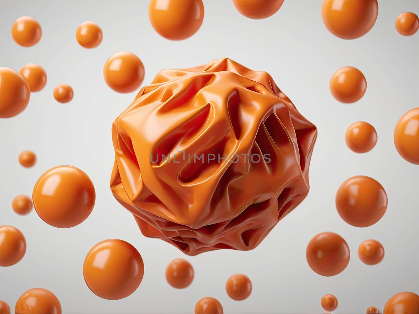 3D rendering of a minimalistic matte inflatable crumpled silicone ball or group of orange colored balls floating in the air on a transparent background . Abstraction isolated on transparent background