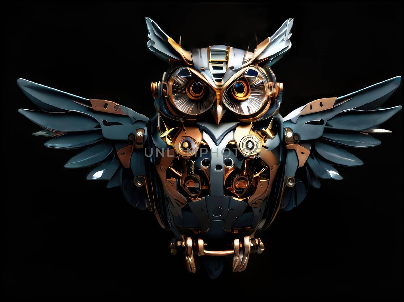 Steampunk cyborg owl pendant , 2D realistic illustration. Vintage metal bird. clipart isolated on transparent background .