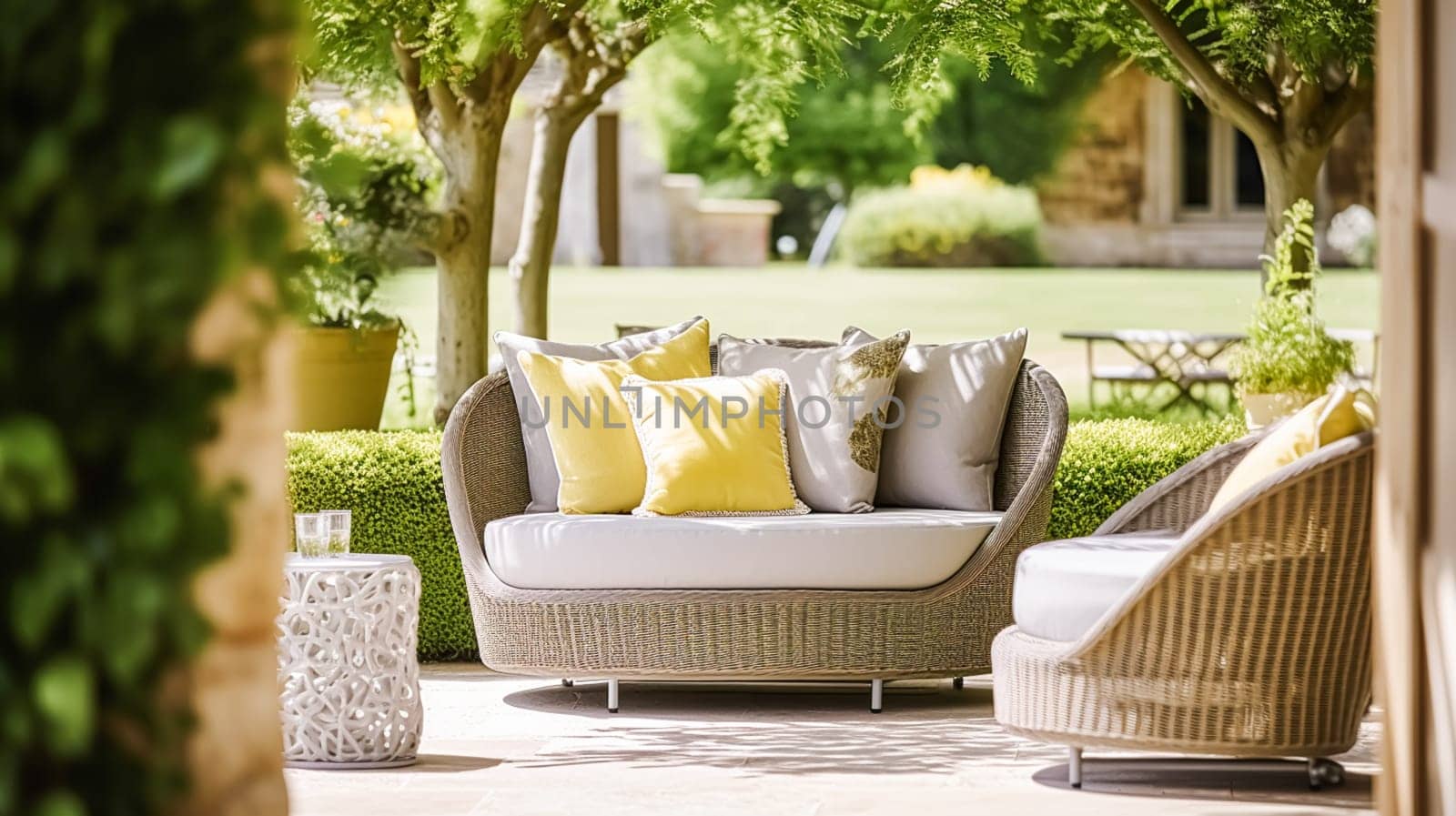 Garden furniture in the countryside in summer, home decor and interior design, post-processed, generative ai