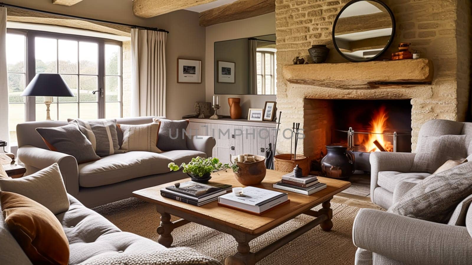 Modern cottage sitting room decor, interior design, living room furniture in neutral colours and fireplace, home decor in elegant English country house style, post-processed, generative ai