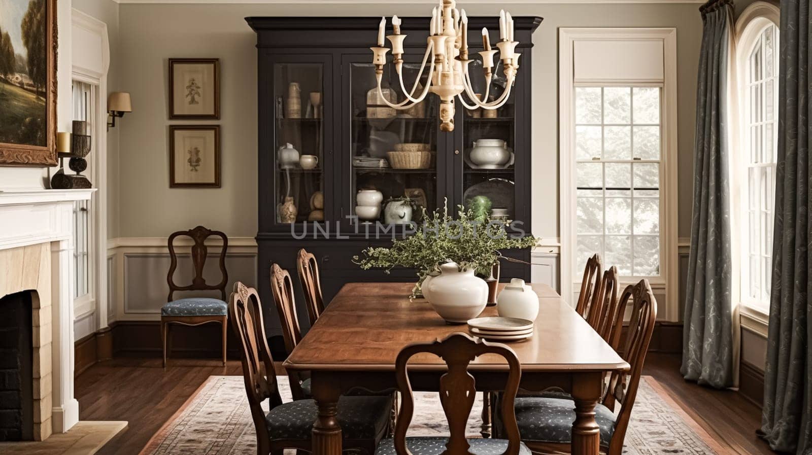 Cottage dining room decor, interior design and dark wood country house furniture, home decor, table and chairs, English countryside style interiors