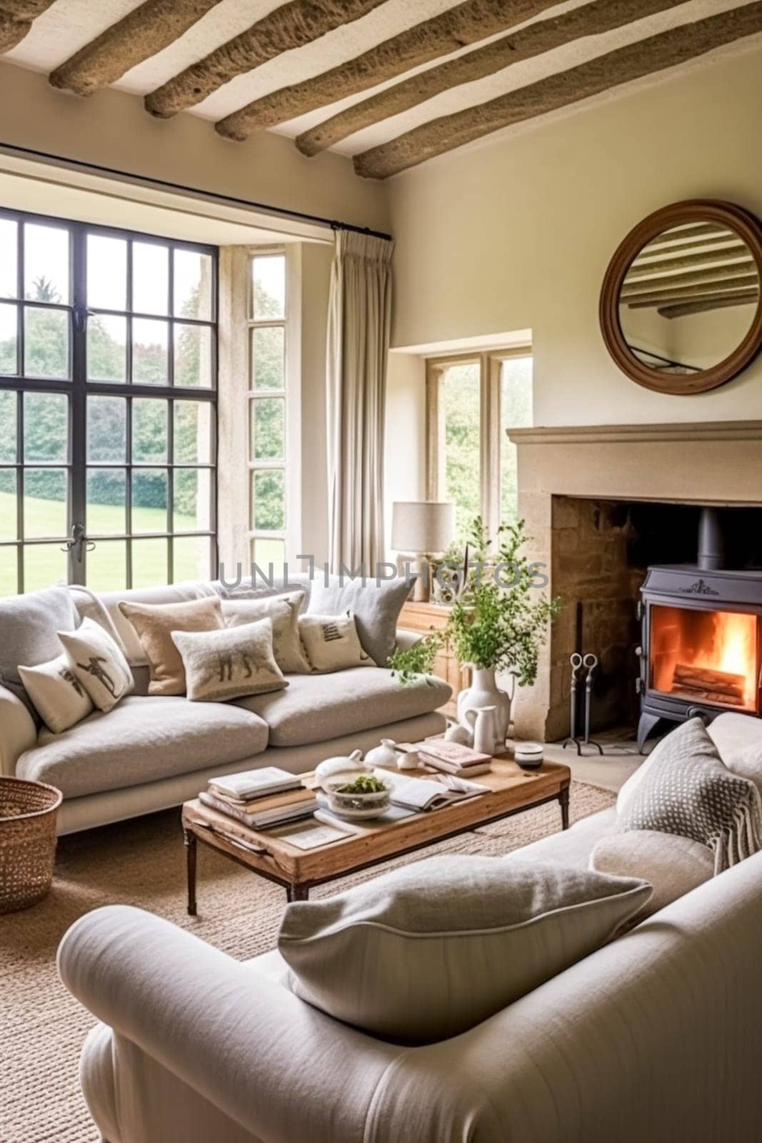 Cottage interior with modern design and antique furniture, home decor, sitting room and living room, sofa and fireplace in English country house and countryside style interiors