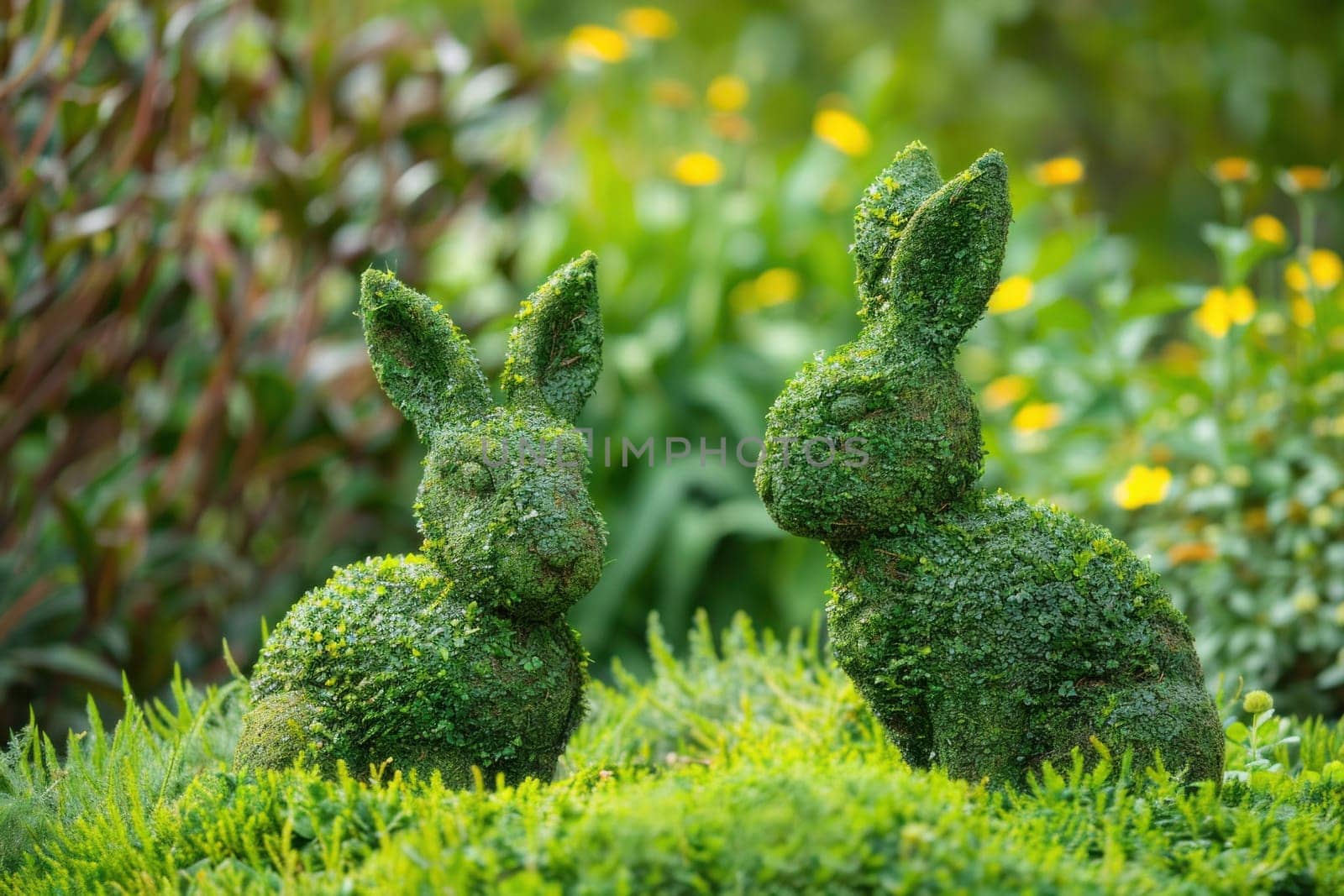 Topiary rabbits relaxing in lush green field with bushes in background