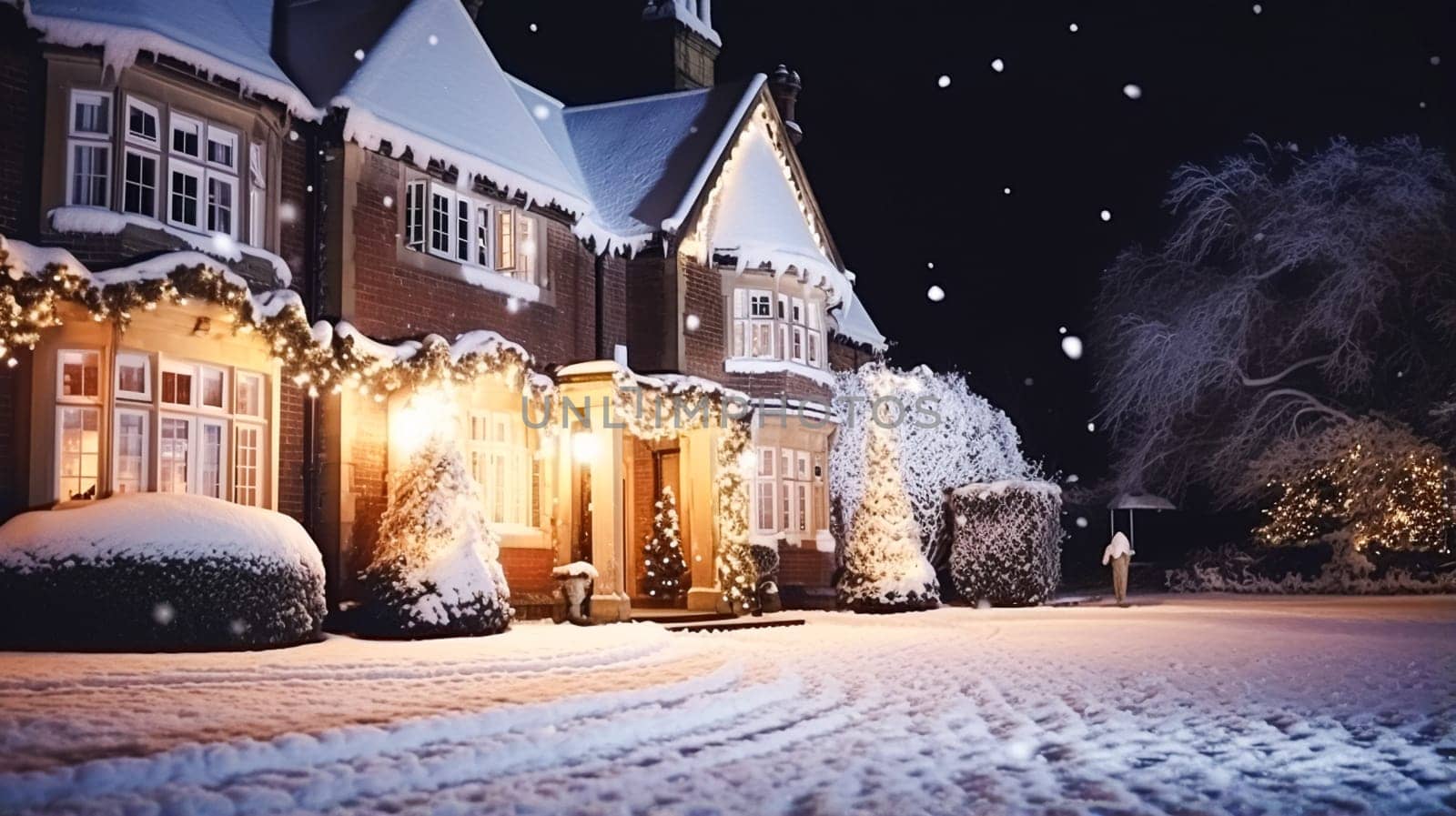 Christmas in the countryside manor, English country house mansion decorated for holidays on a snowy winter evening with snow and holiday lights, Merry Christmas and Happy Holidays design