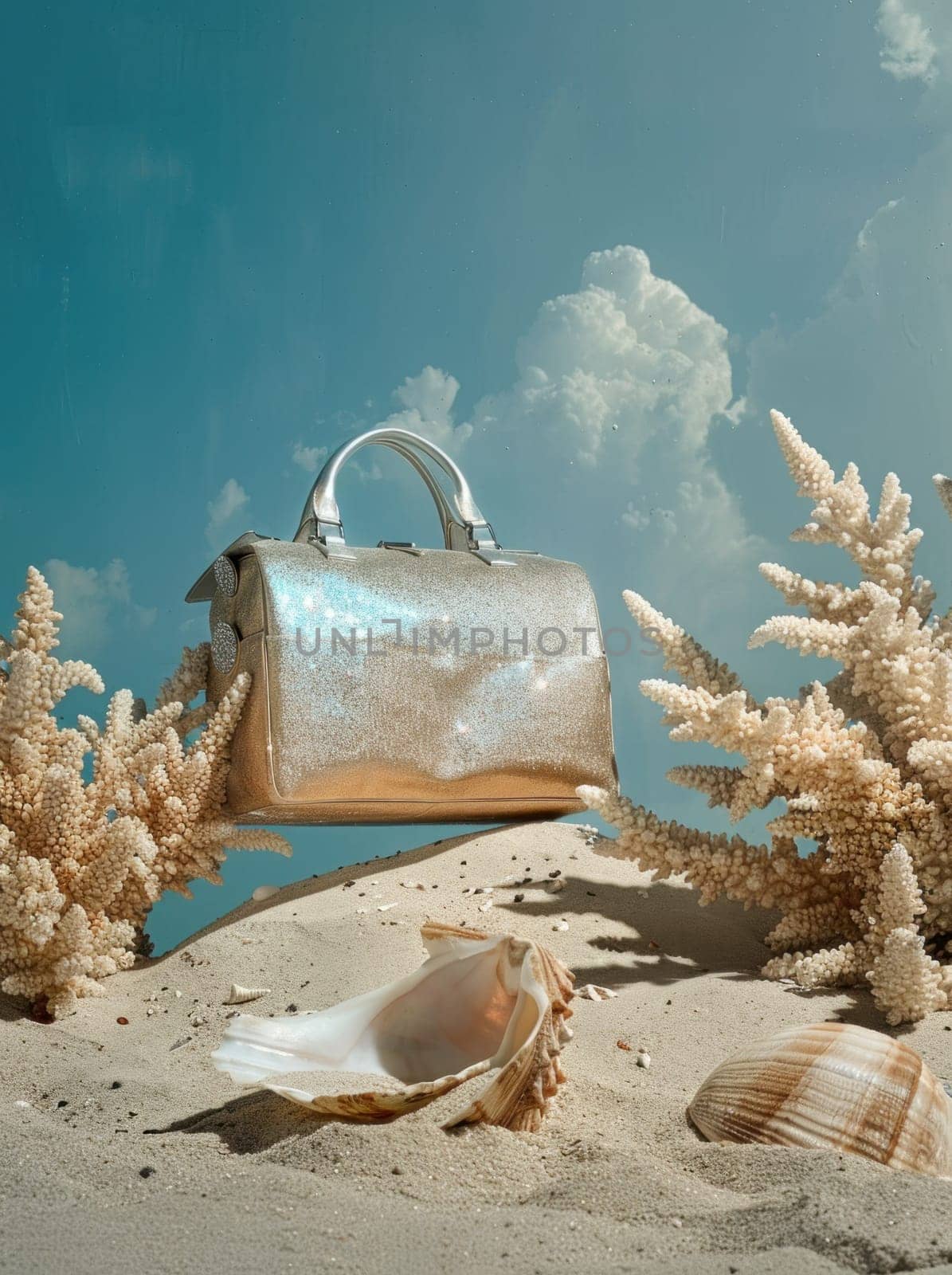 Beach vacation essentials stylish handbag on sandy shore with seashells and coral