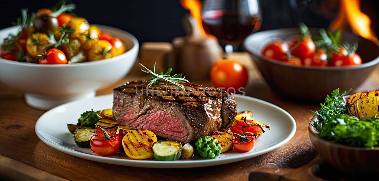 Grilled beef, dinner, vegetables. Succulent grilled beef surrounded by colorful roasted vegetables displayed on a rustic wooden board