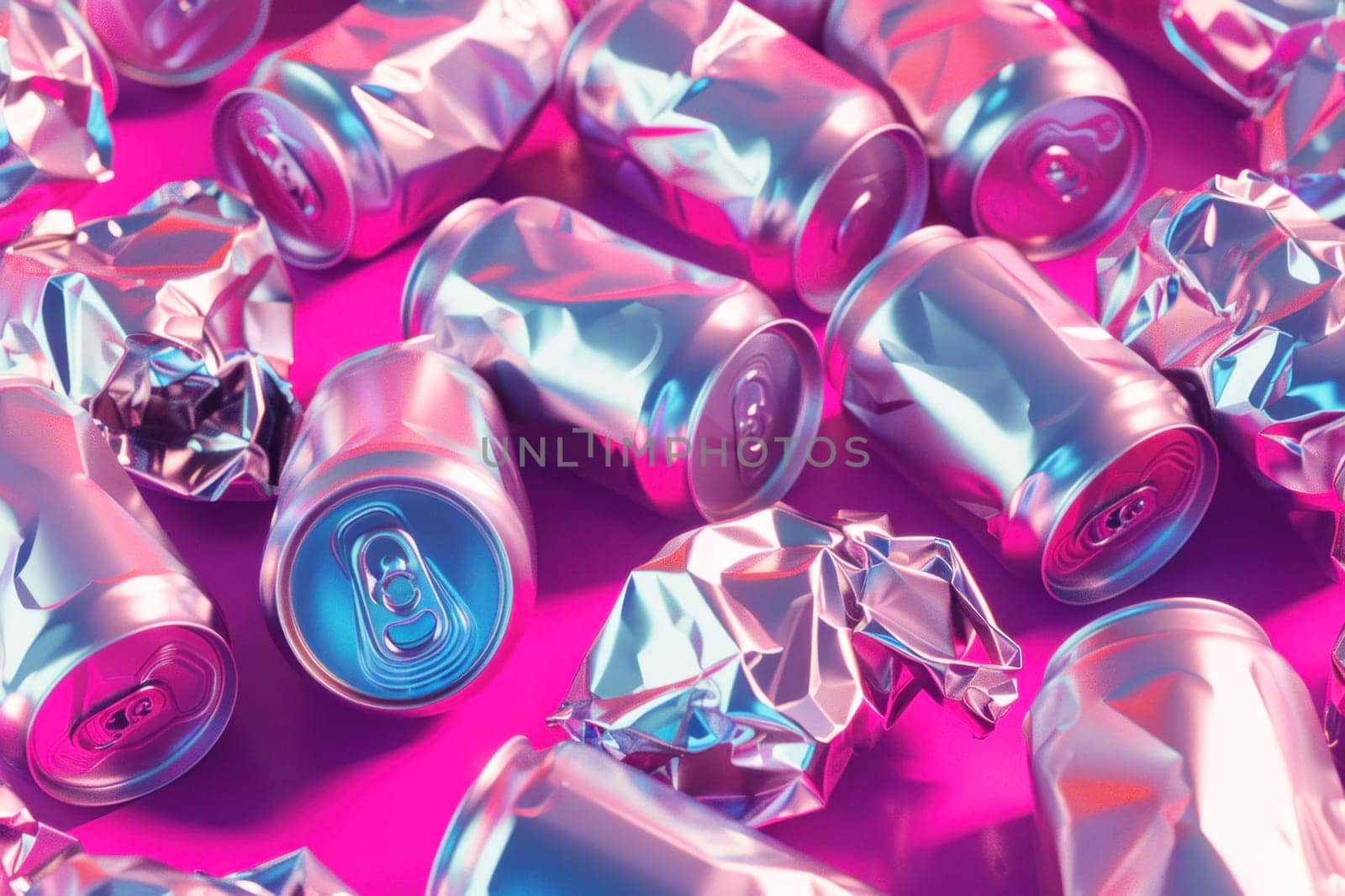 Recyclable aluminum cans and foil in a pile on pink background for ecofriendly business concept