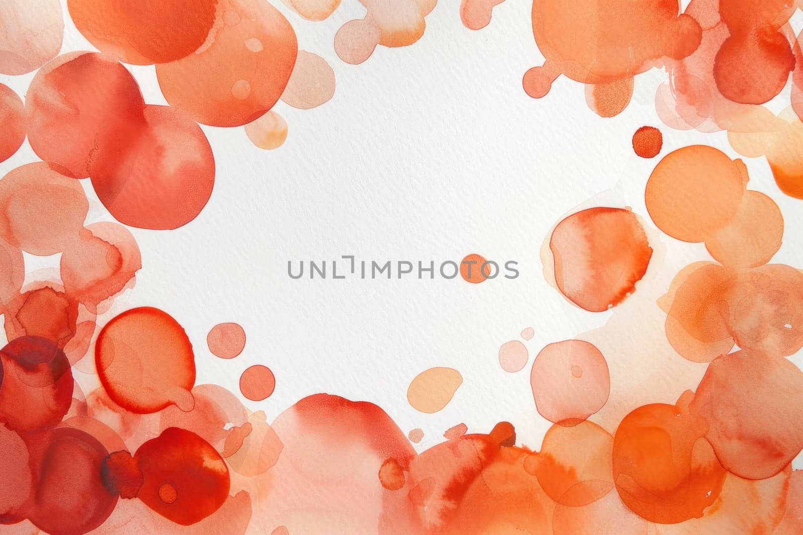Abstract watercolor circles with red and orange dots on white background for artistic, beauty or fashion concept
