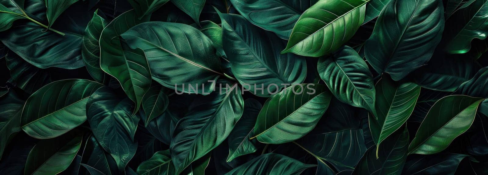 Close up view of lush green leaves on dark background with black wall, nature beauty and peaceful vibes