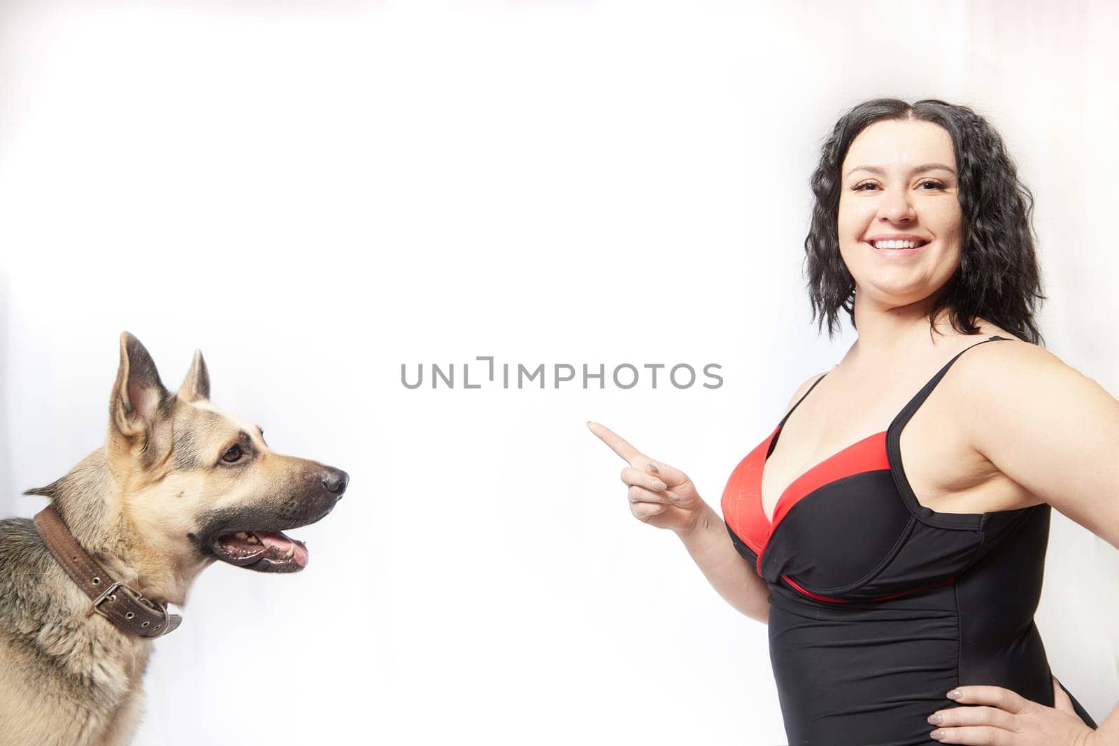 Attractive confident fat woman in a swimsuit training big dog shepherd on white background. Body positive, selfie of Funny plus size model