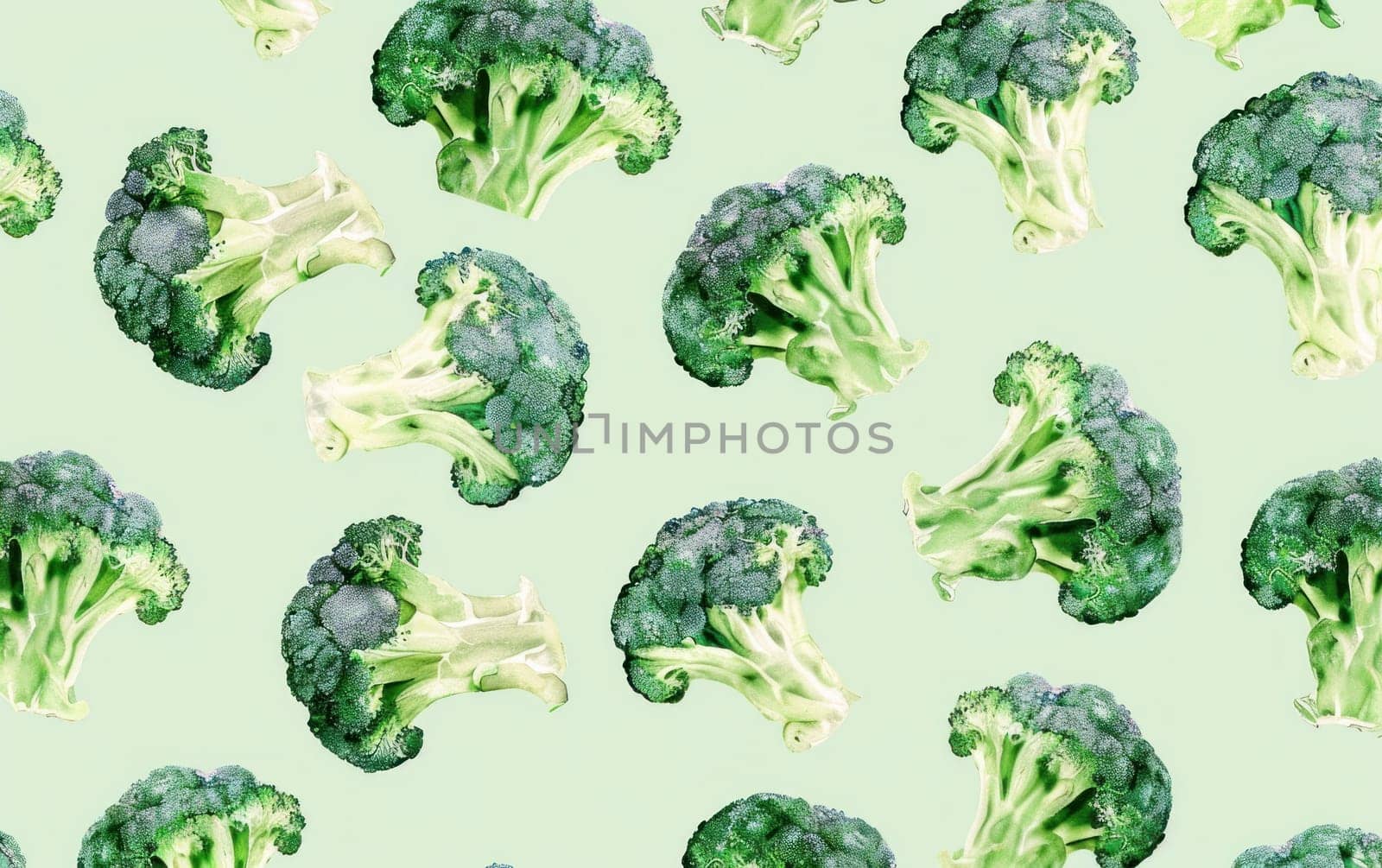 Green broccoli seamless pattern on light background with white accents for kitchen and food related designs