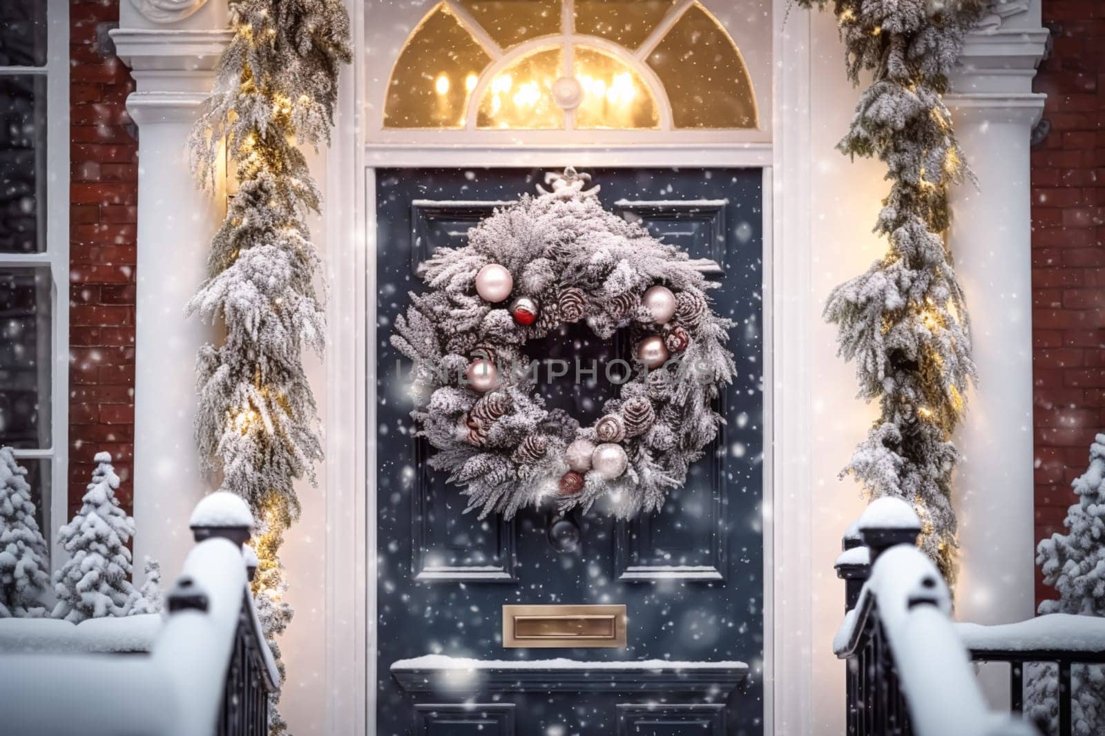 Christmas holiday, country cottage and snowing winter, wreath decoration on a door, Merry Christmas and Happy Holidays wishes, post-processed, generative ai