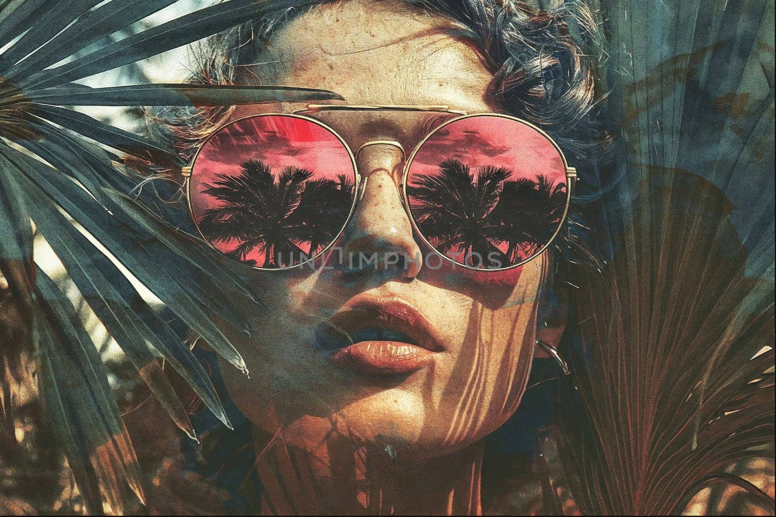 A woman in sunglasses stands in a tropical setting, with palm trees reflected in her lenses. The image has a vintage aesthetic.