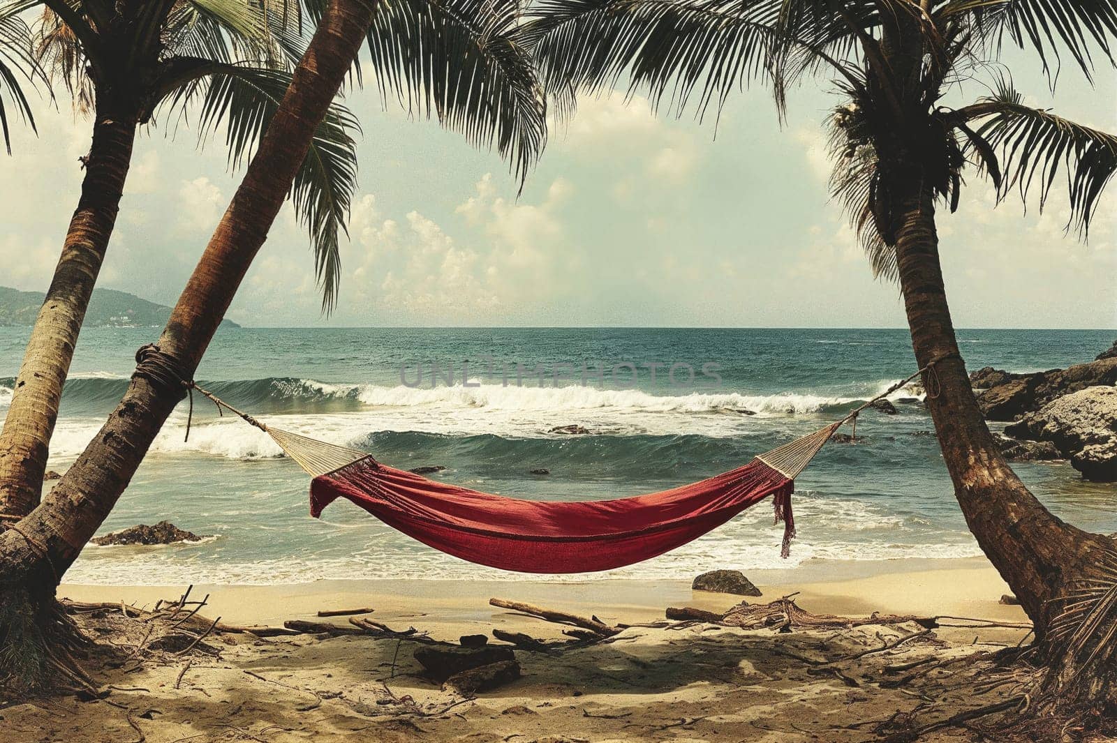 Vintage photo of a red hammock between palms on the beach with crashing waves