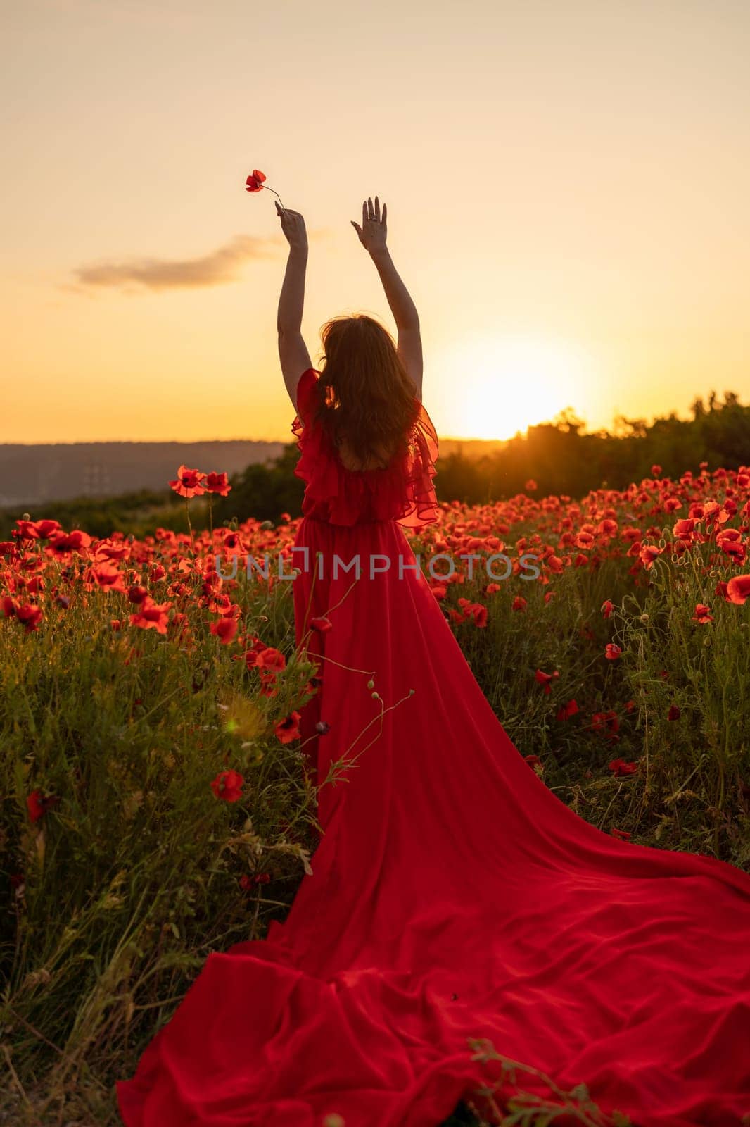 Woman poppy field red dress sunset. Happy woman in a long red dress in a beautiful large poppy field. Blond stands with her back posing on a large field of red poppies.