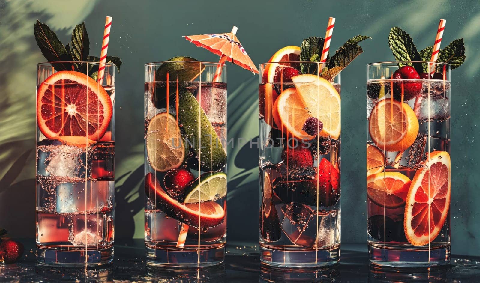 A close-up of four tall glasses filled with colorful fruit, ice, and sparkling water, ready to quench thirst on a hot day.