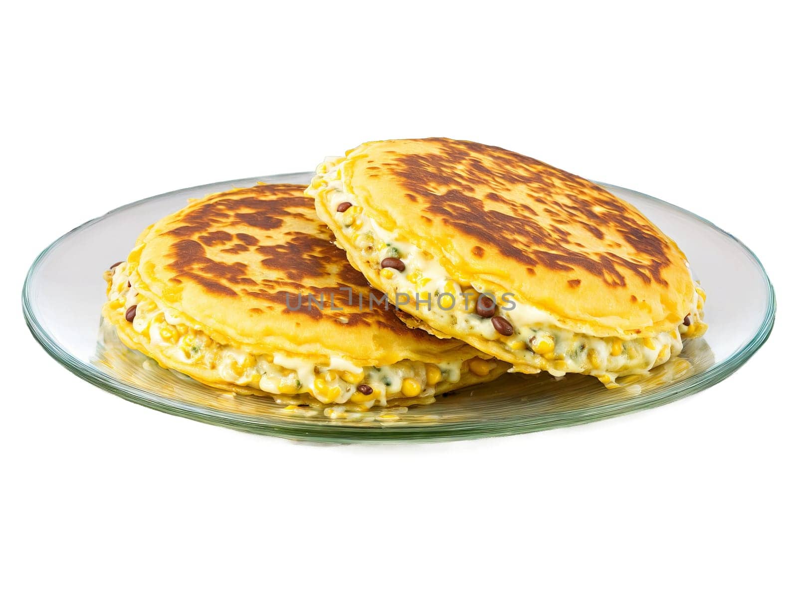 Pupusas Salvadoran corn cakes with beans and cheese served on a transparent glass plate comforting. Food isolated on transparent background.