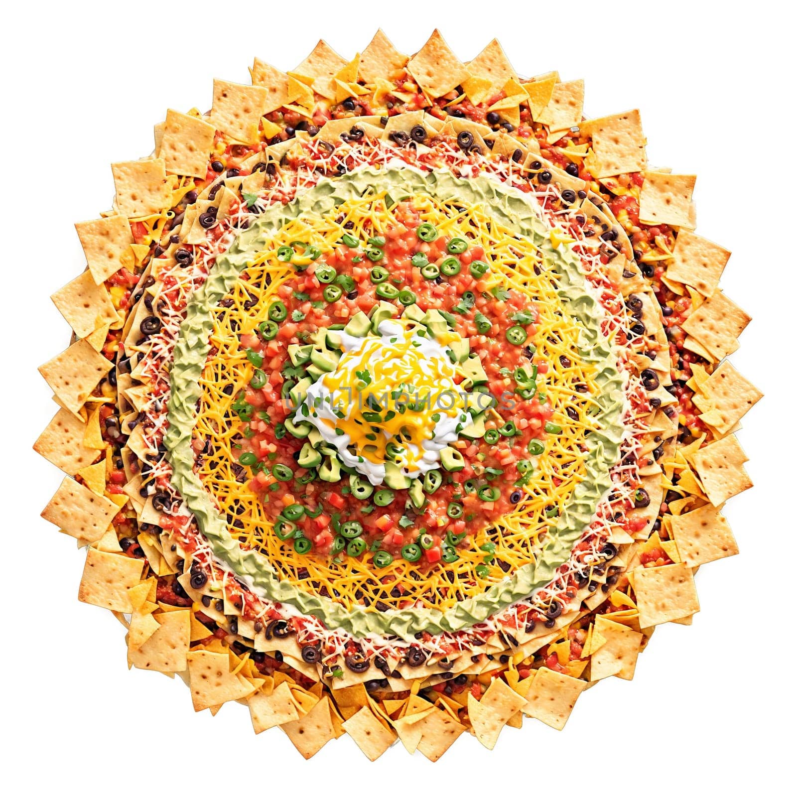 Nachos mandala a colorful mandala of loaded nachos with flying tortilla chips melted cheese. Food isolated on transparent background.