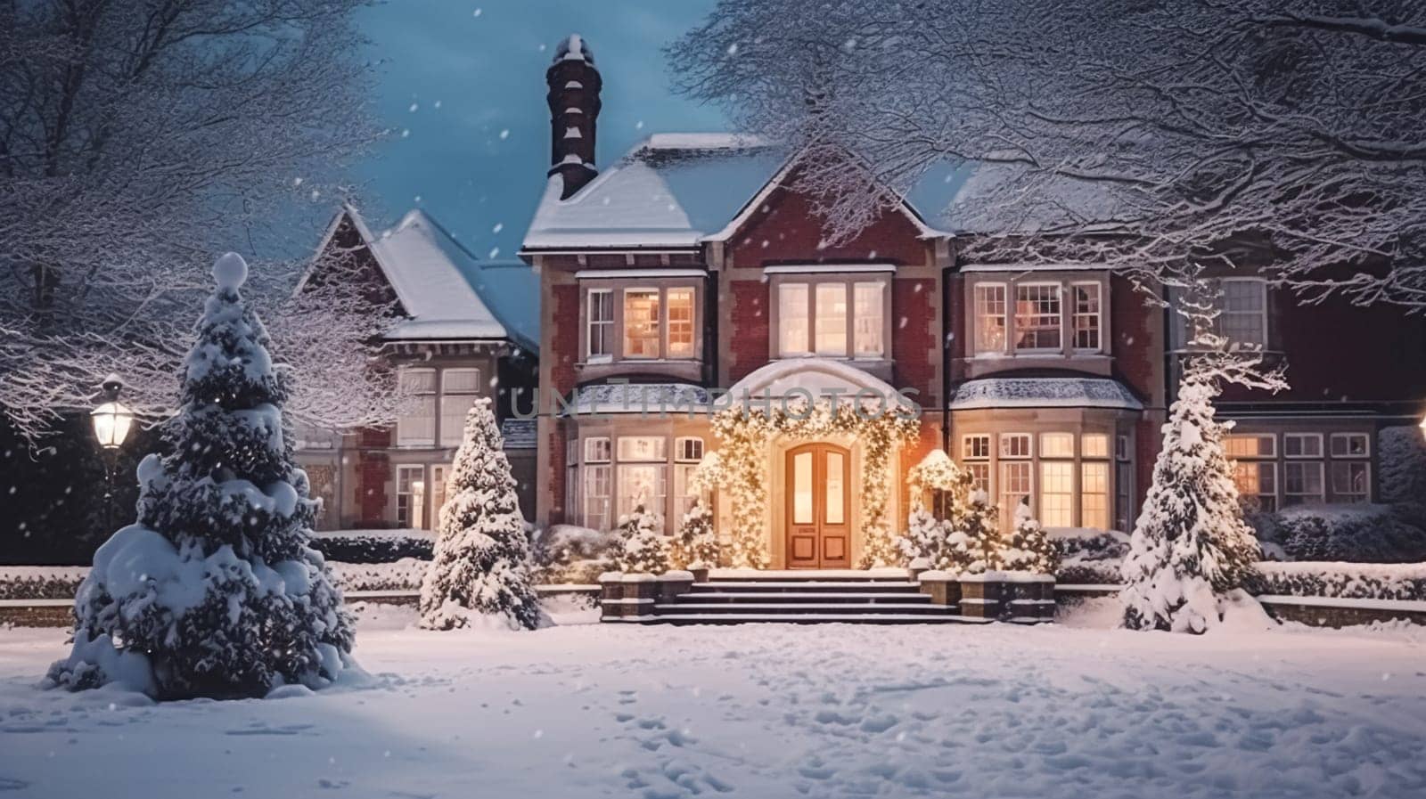 Christmas in the countryside manor, English country house mansion decorated for holidays on a snowy winter evening with snow and holiday lights, Merry Christmas and Happy Holidays design