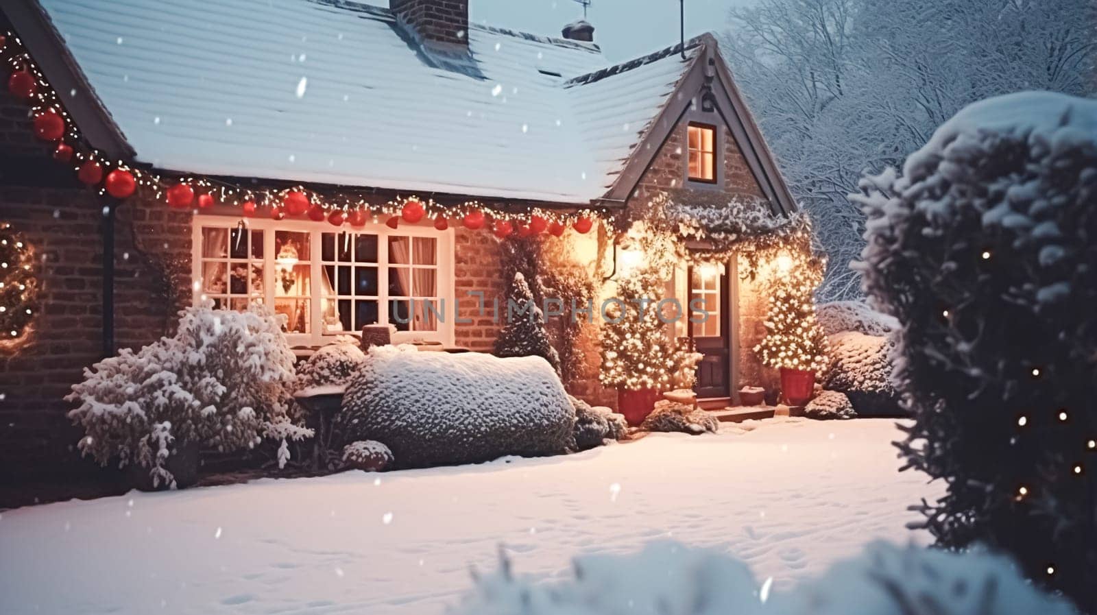 Christmas in the countryside, cottage and garden decorated for holidays on a snowy winter evening with snow and holiday lights, English country styling inspiration