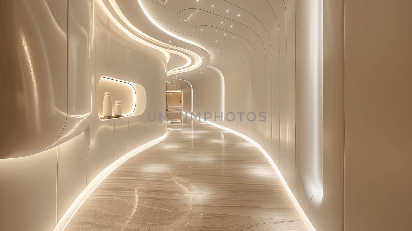 A long, narrow hallway with white walls and shelves. The hallway is lit by a series of lights, creating a bright and open atmosphere