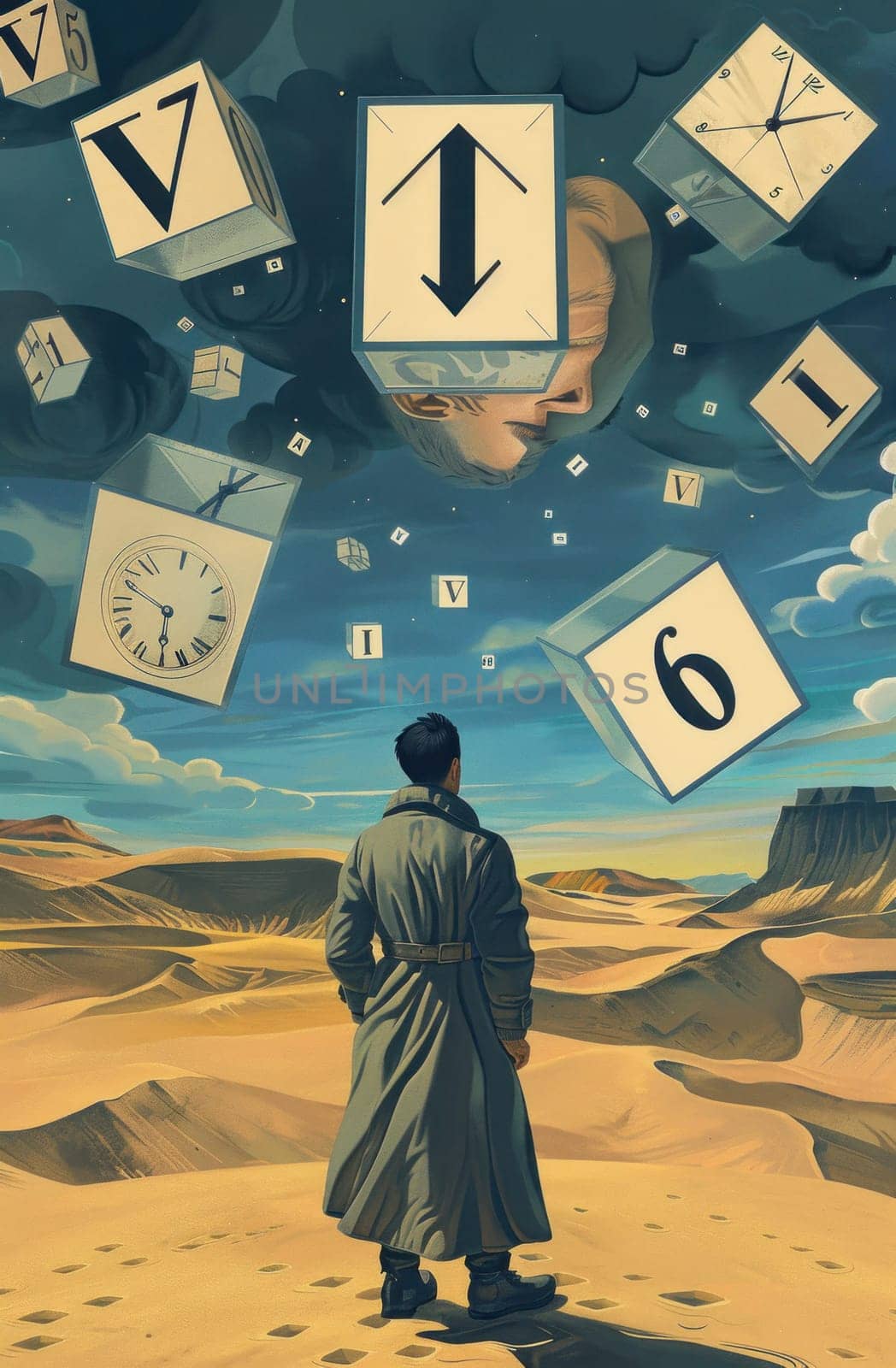 Desolate desert landscape with mysterious figure in trench coat and clock tower in distance for travel and mystery concept
