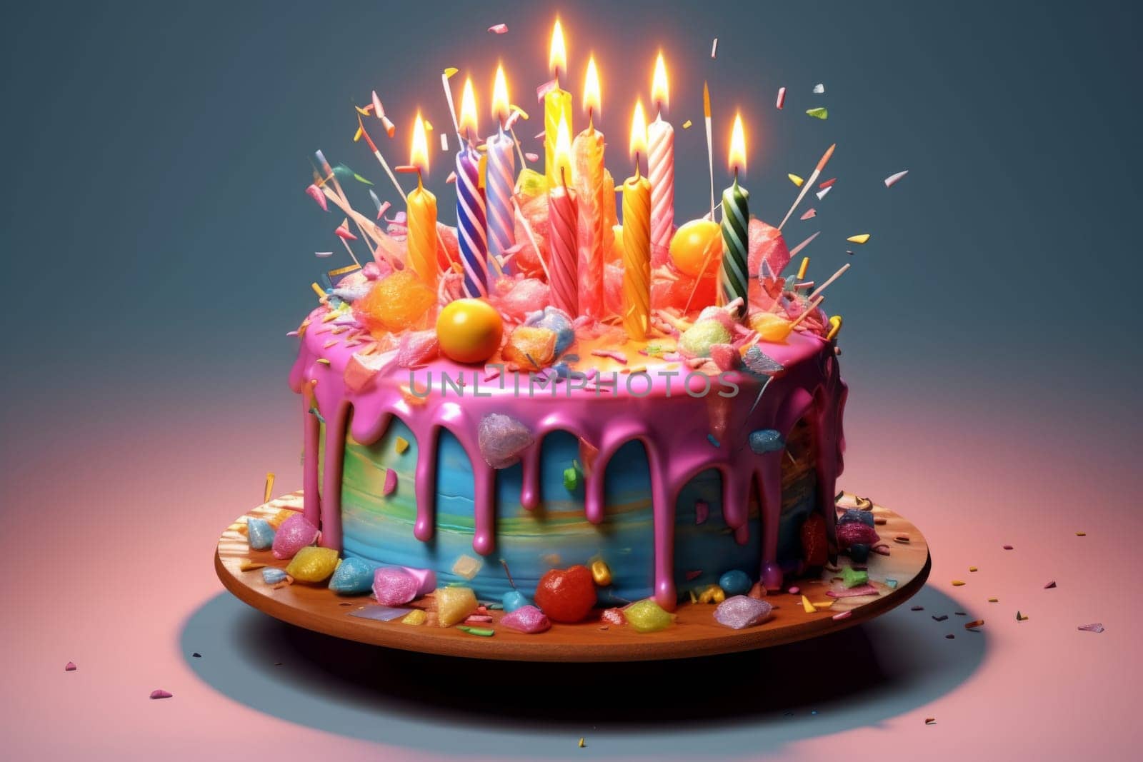 Birthday cake with candles, bright lights. Generated AI. by Oxdesign