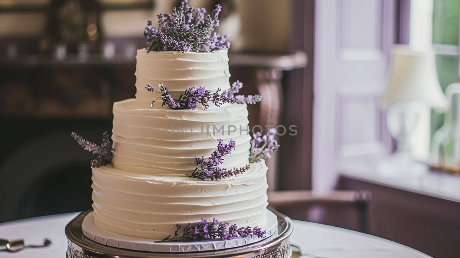 Wedding cake with lavender flowers. Festive table decoration.