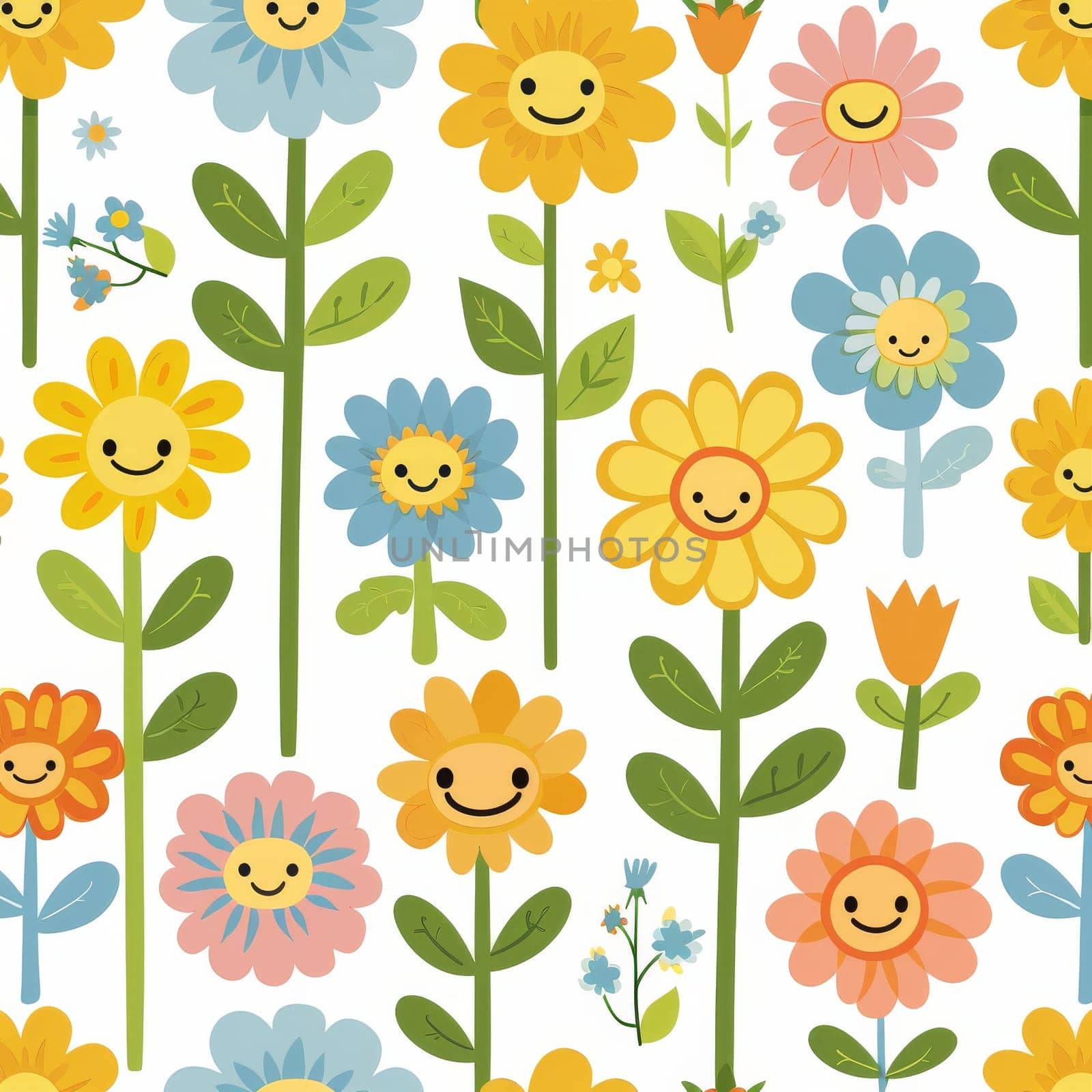 A colorful flower pattern with cartoon faces on them. The flowers are arranged in a way that they look like they are smiling. Scene is cheerful and happy