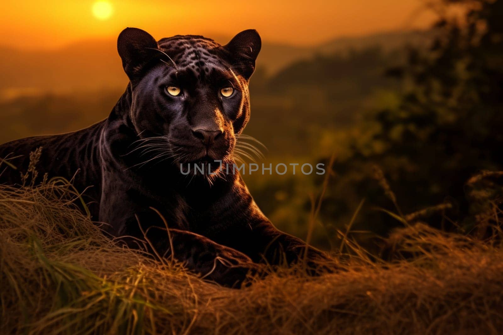 Black panther resting on field and staring. Sunset. Generated AI.