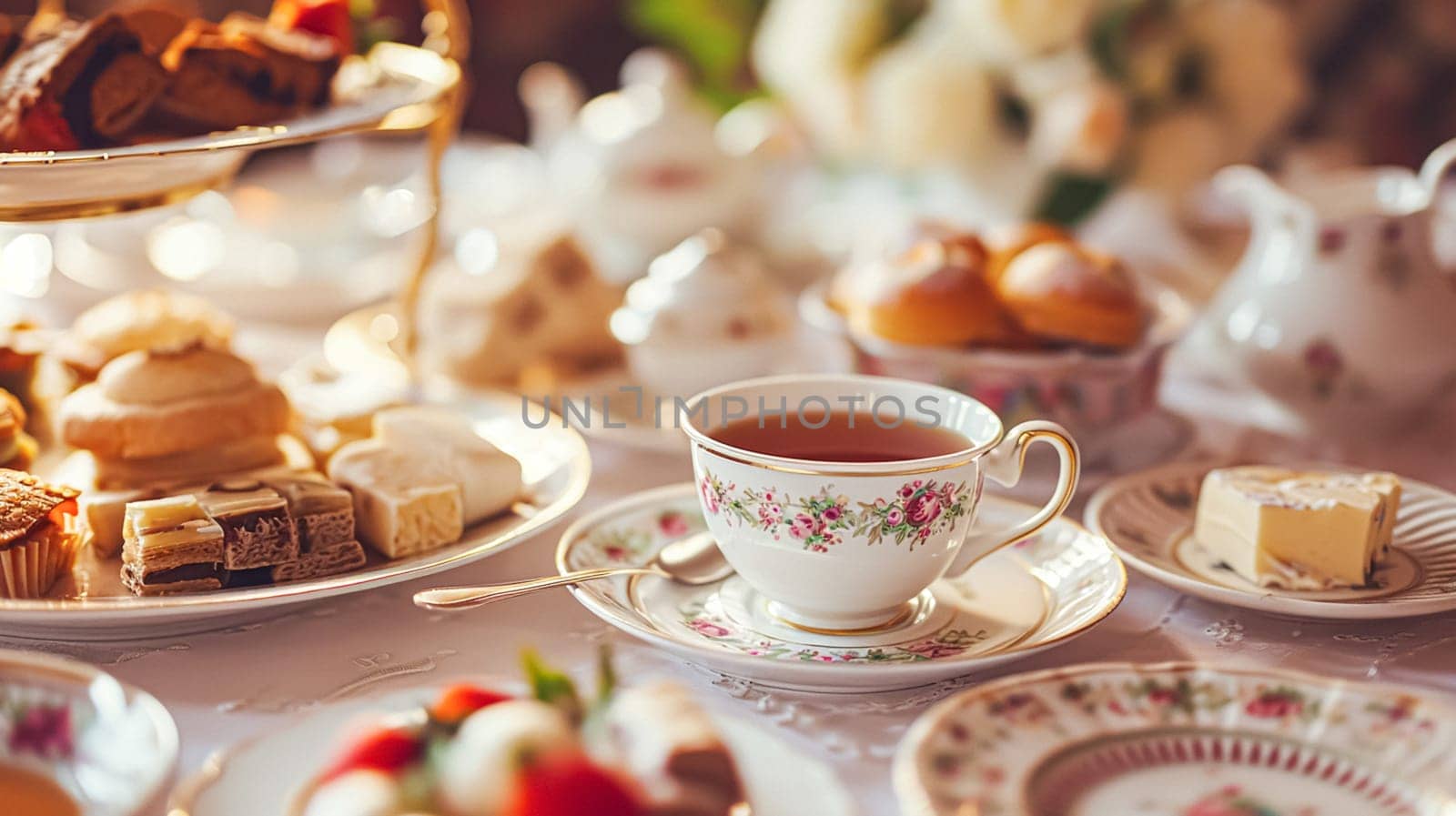 Elegant table setting for tea party with cakes and cupcakes in English manor. Selective focus. Vintage style