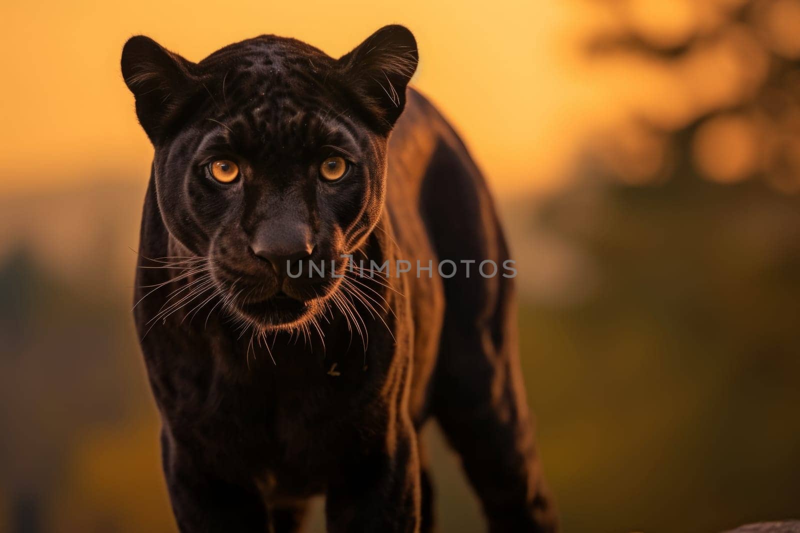 Black panther on field and staring. Sunset. Generated AI by Oxdesign