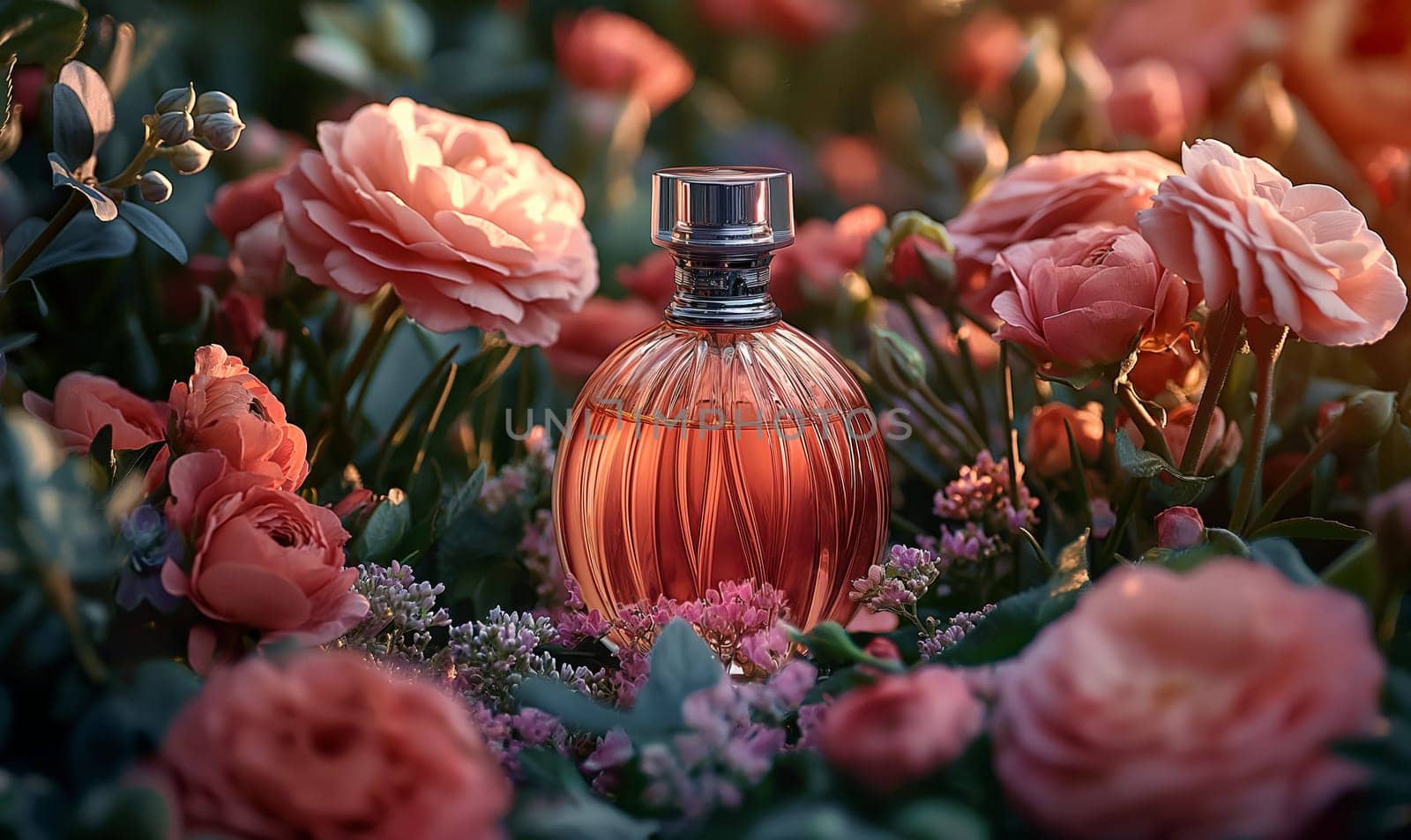 Elegant perfume bottle among flowers in retro style. by Fischeron