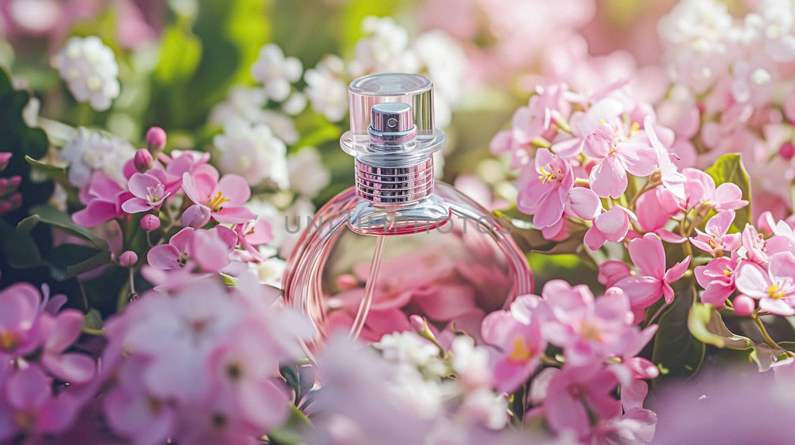 Perfume bottle with beautiful flowers. Floral background. Beauty concept. Flat lay, top view.