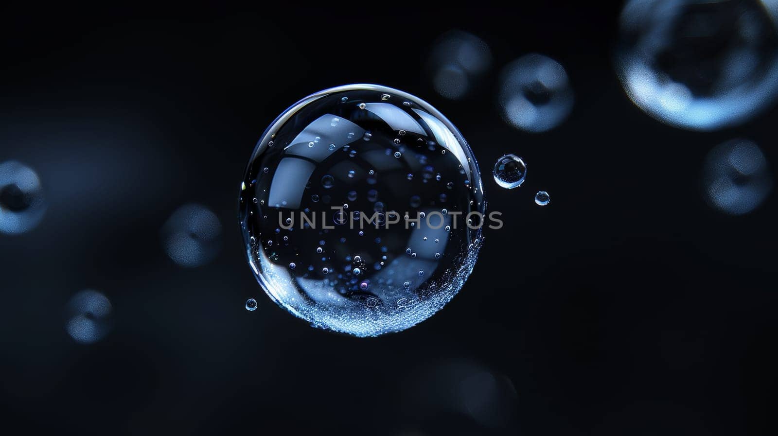 A close up of a clear bubble with many small bubbles surrounding it. The bubbles are all different sizes and are scattered around the main bubble. The image has a calm and serene mood