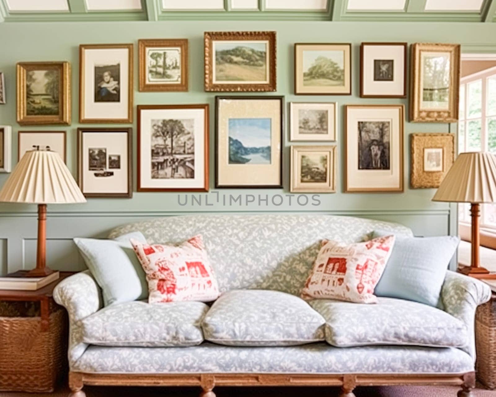 Cottage gallery wall, wall art, home decor and framed art in the English country house interior with antique furniture, room for diy printable artwork mockup and print shop sale