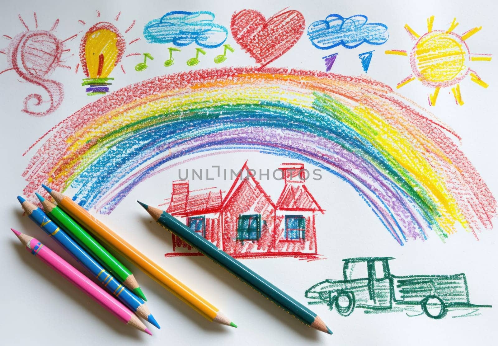 Children's colorful drawing of a house with a beautiful rainbow in the sky for art and travel themes