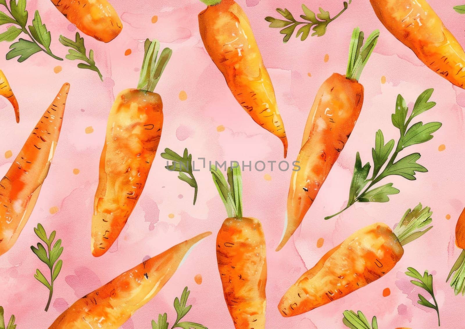 Carrots on pink background watercolor seamless pattern illustration perfect for kitchen decor and food related projects