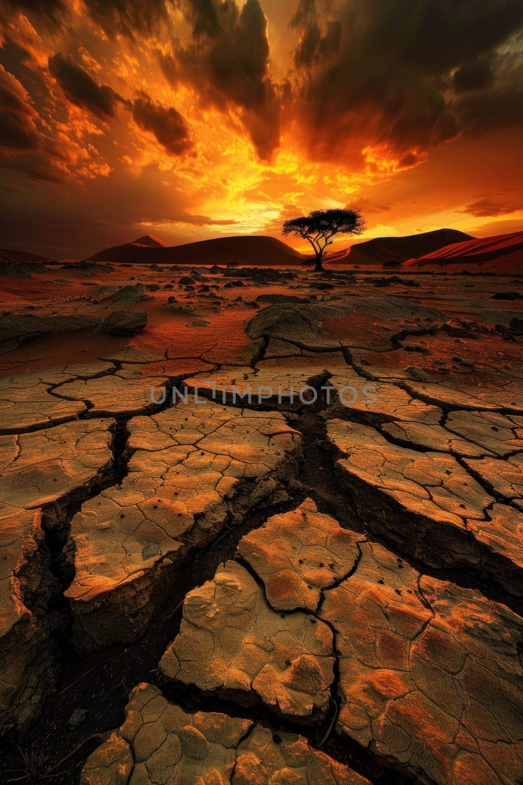 Lone tree standing in dramatic sunset landscape in the desert with cracked ground and travel adventure theme