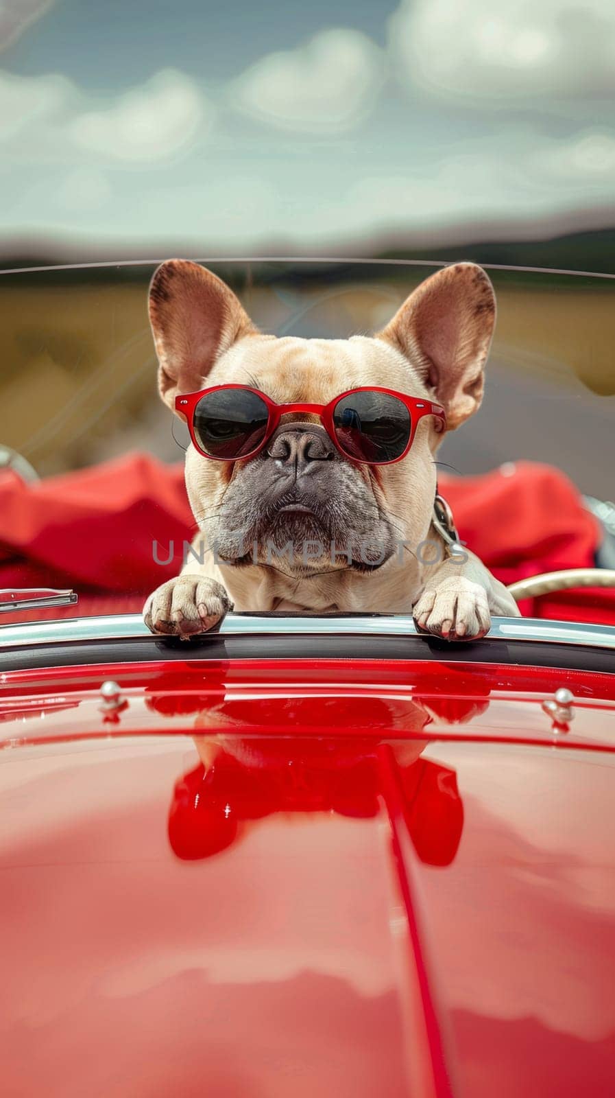 Funny photo of a french Bulldog in a red sports car on a road trip.