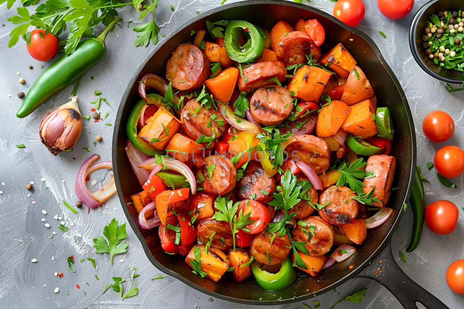 A frying pan with a dish of sliced ​​sausages, sweet potatoes, carrots, sweet peppers and onions. Generated using artificial intelligence.