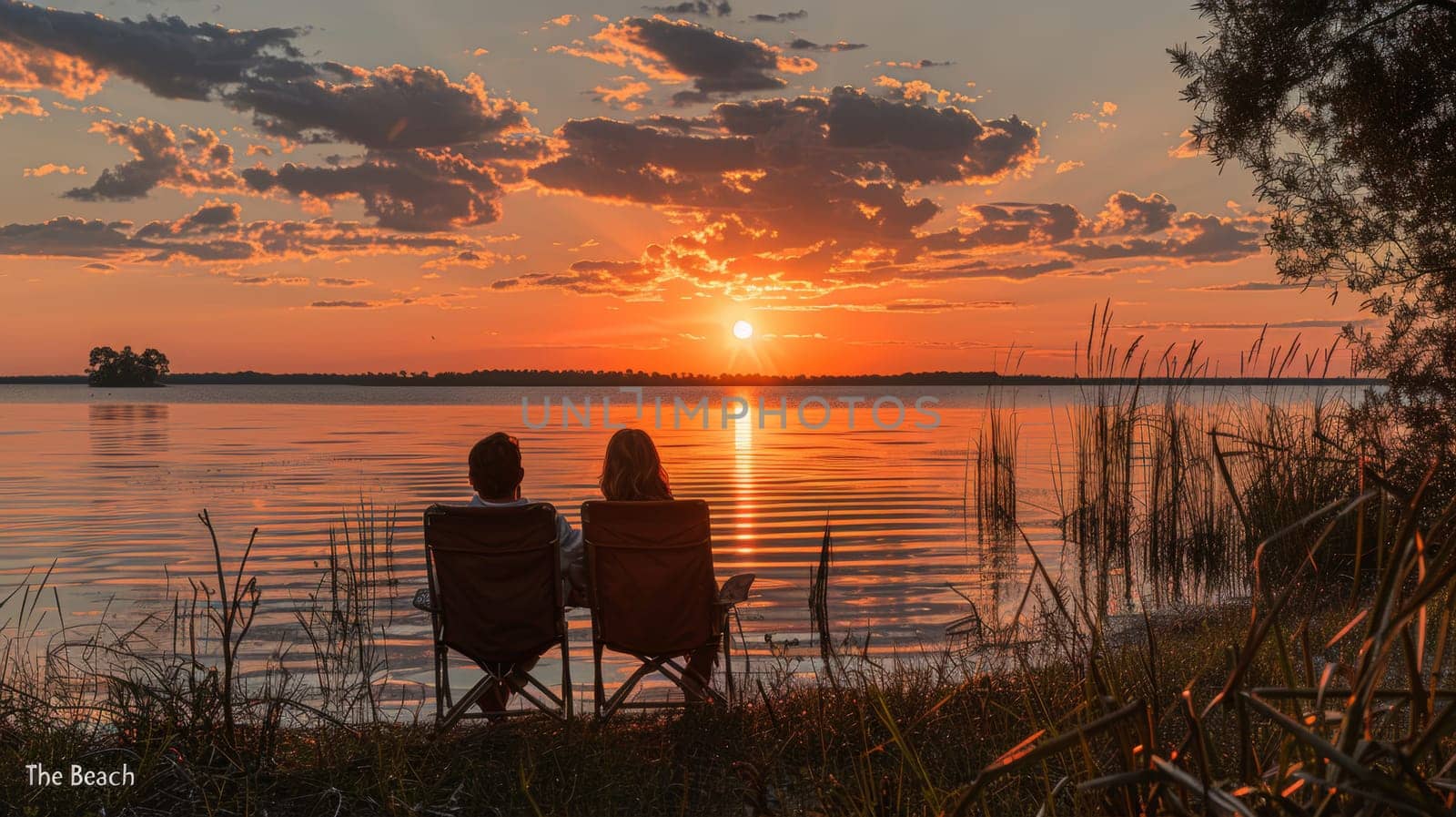 Couple sitting on the shore of a lake looking at the sunset.