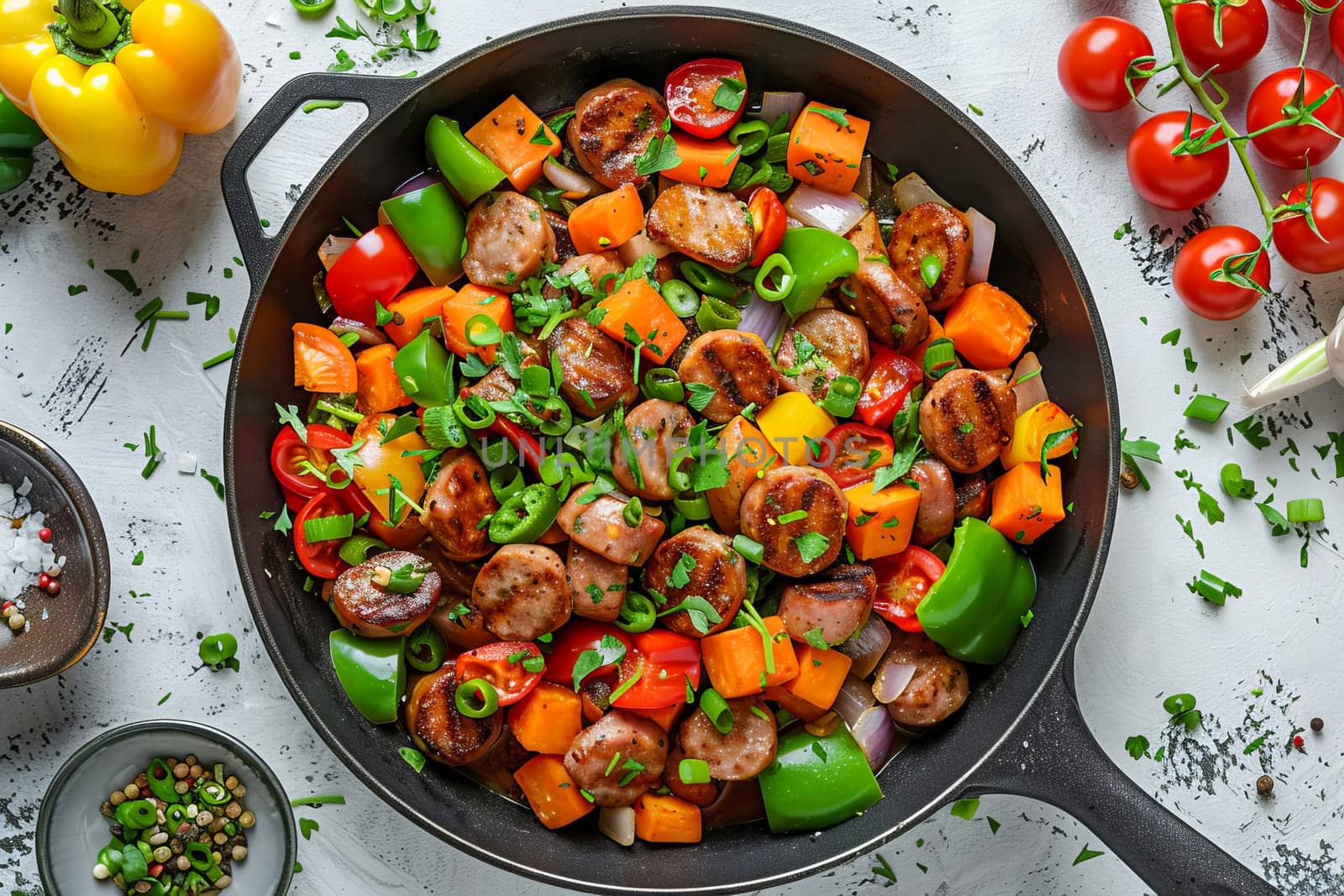 A frying pan with a dish of sliced ​​sausages, sweet potatoes, carrots, sweet peppers and onions. Generated using artificial intelligence.